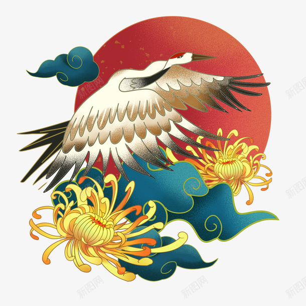 国潮仙鹤高飞红日png免抠素材_新图网 https://ixintu.com 国潮 仙鹤 祥云 菊花