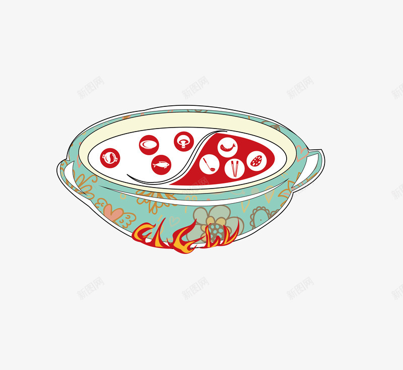 手绘美食鸳鸯火锅插画png免抠素材_新图网 https://ixintu.com 卡通美食插画 手绘火锅插画 美味的火锅 清汤火锅 麻辣火锅 金针菇 肥牛 肥羊