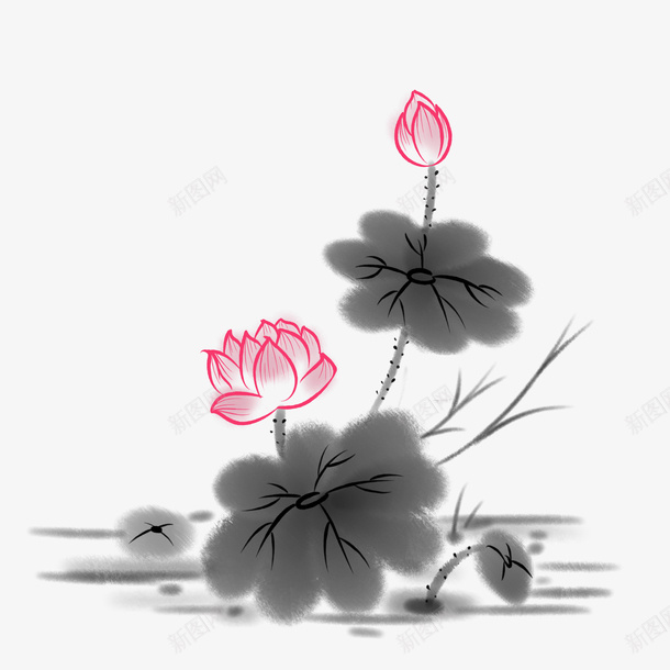 手绘中国风水墨水中荷花元素png免抠素材_新图网 https://ixintu.com 中国风 元素 水墨 荷花 荷花墨 菡萏