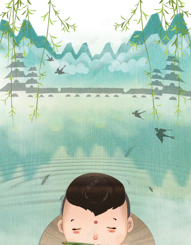 手绘山水牧童吹笛背景图jpg设计背景_新图网 https://ixintu.com 手绘 山水 牧童 吹笛 背景图 柳条 春天