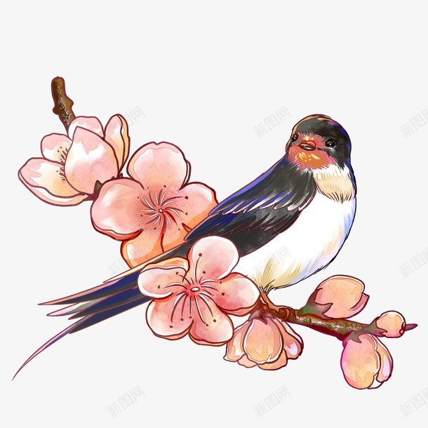 梅花和鸟儿手绘png免抠素材_新图网 https://ixintu.com 中式风格 梅花 树枝 金色 鸟