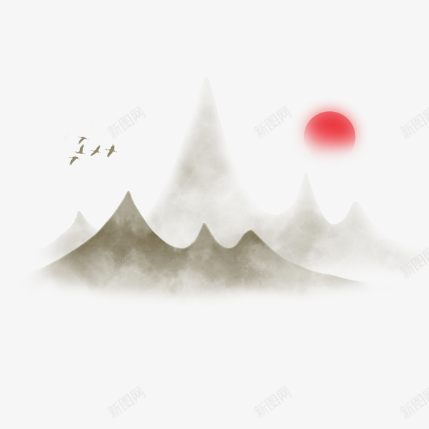 中国风迷雾环绕山水素材红日png免抠素材_新图网 https://ixintu.com 中国风 迷雾环绕 山水素材 红日