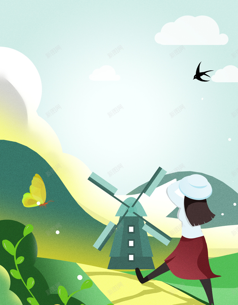 春天卡通背景图风车元素图psd设计背景_新图网 https://ixintu.com 人物 元素图 卡通 春天 燕子 背景图 蝴蝶 风车 黑色燕子