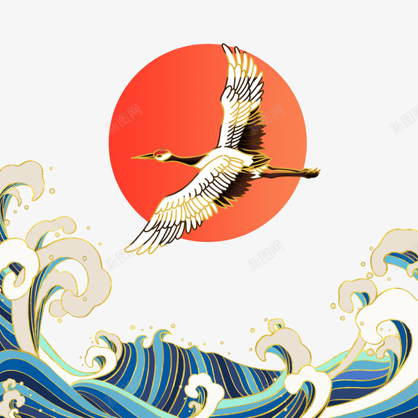 中国风古典国潮复古风格仙鹤海浪png免抠素材_新图网 https://ixintu.com 中国风 古典 国潮 复古风 格仙鹤海浪