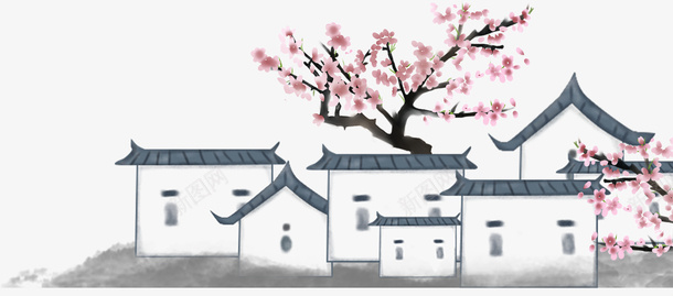 中国风小房子psd免抠素材_新图网 https://ixintu.com 中国风 古代房子 桃花 小鸟 徽派