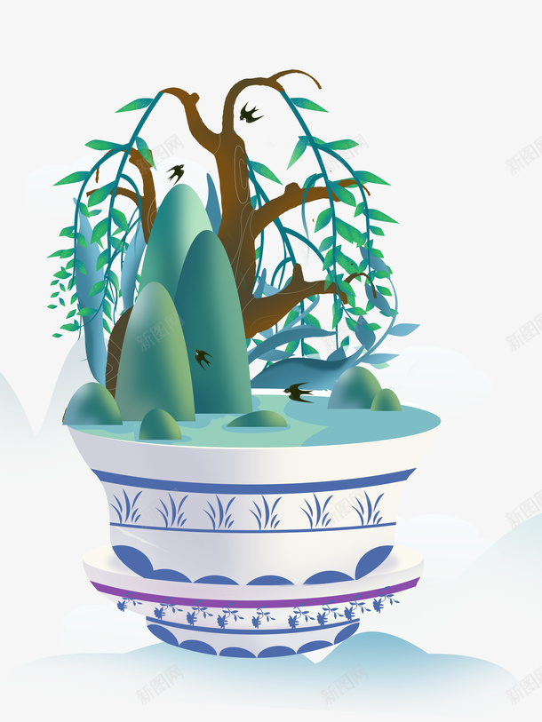 手绘盆栽柳条元素图psd免抠素材_新图网 https://ixintu.com 元素图 卡通元素 手绘 柳条 燕子 瓷器 盆栽 黑色燕子