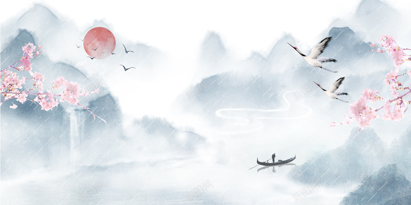 水墨清明节花枝春天仙鹤元素图psd设计背景_新图网 https://ixintu.com 一叶轻舟 仙鹤 元素图 小舟 春天 水墨 清明节 湖面的小舟 花枝