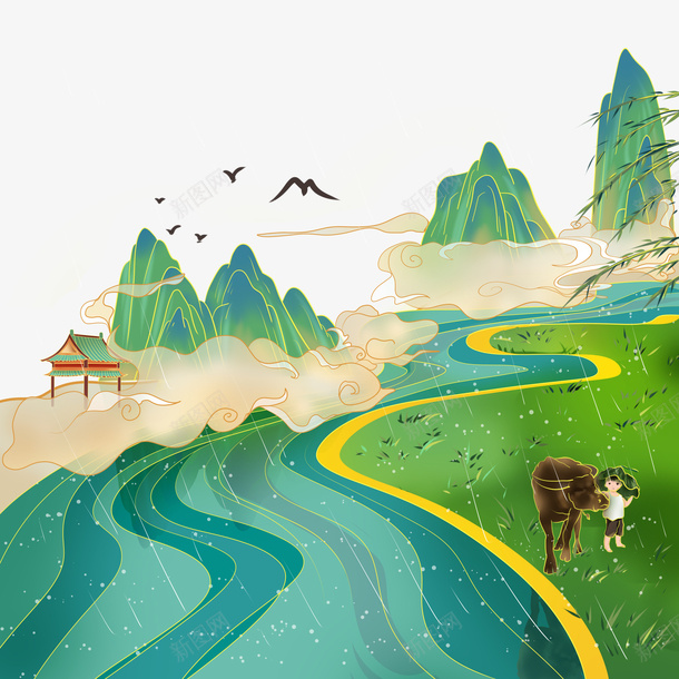 国潮清明清明节风景中国风古风国psd免抠素材_新图网 https://ixintu.com 中国风 古风 国潮 国潮山 国潮山景 国风 山水 清明 清明节 绿金 风景