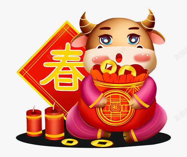 牛年新春卡通牛png免抠素材_新图网 https://ixintu.com 牛年 新春 卡通牛 鞭炮
