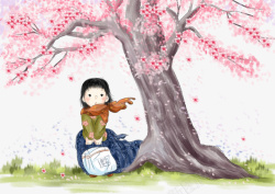 春天樱花樱花树手绘人物草地素材