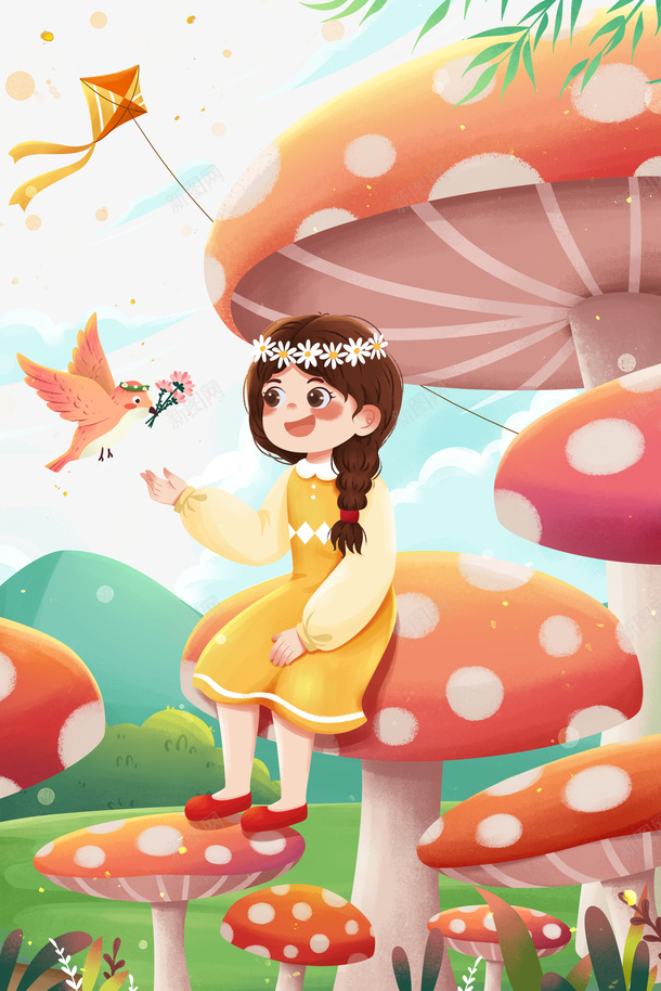 女孩与鸟蘑菇群二十四节气春分psd免抠素材_新图网 https://ixintu.com 二十四节气 仙女 惊蛰 春天 蘑菇小人