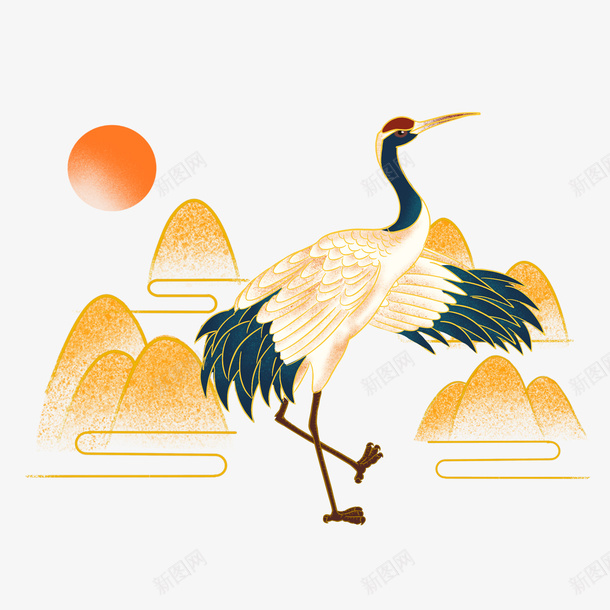 国潮手绘仙鹤元素png免抠素材_新图网 https://ixintu.com 国潮 手绘 仙鹤 金色