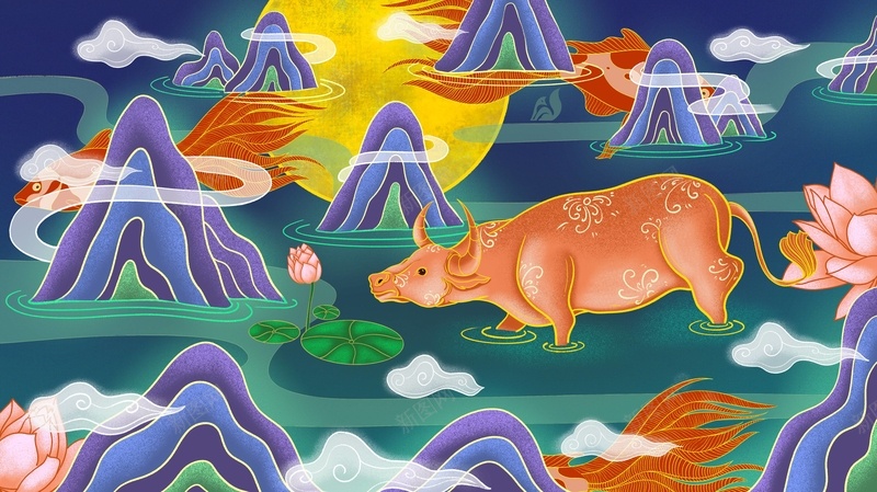 牛年中国风水墨插画psd高清背景_新图网 https://ixintu.com 牛年 中国风 山水 插画