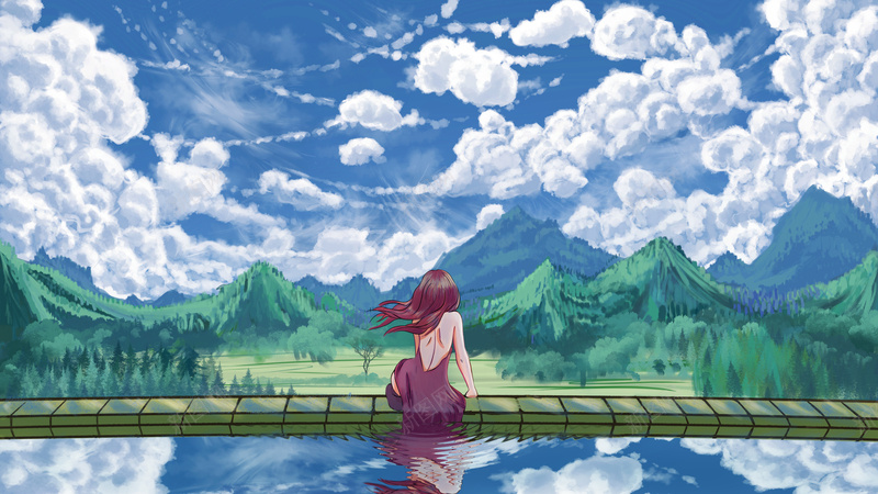 漫画日式风格背景jpg设计背景_新图网 https://ixintu.com 女孩 白云 青山 河流