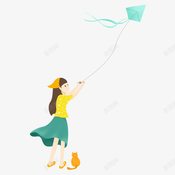清明节人物png免抠素材_新图网 https://ixintu.com 女孩 风筝 猫 清明 清新