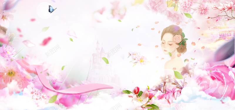 38妇女节梦幻花瓣蝴蝶天空白bannerpsd设计背景_新图网 https://ixintu.com 38妇女节 妇女节 梦幻 浪漫 文艺 小清新 简约 天空 蓝天 白云 美女 手绘 蝴蝶 花瓣 丝带