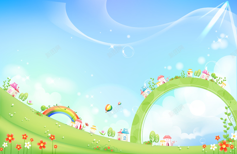 绿色手绘花草背景psd设计背景_新图网 https://ixintu.com 手绘 绿色 花草 草原 蓝天 线条 泡泡 卡通 童趣