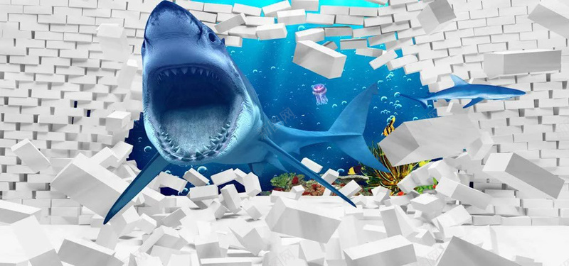 鲨鱼背景图jpg设计背景_新图网 https://ixintu.com 卡通 海底世界 鲨鱼 泡泡 海洋 海水 墙砖 海报banner 童趣 手绘