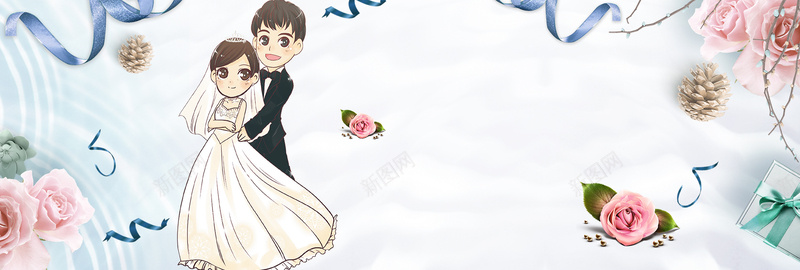 婚博会卡通新人唯美蓝色bannerpsd设计背景_新图网 https://ixintu.com 中式婚礼 结婚季 喜庆 婚礼 结婚 婚庆 西式婚礼 婚庆用品 小清新 文艺 简约 梦幻 浪漫 花瓣