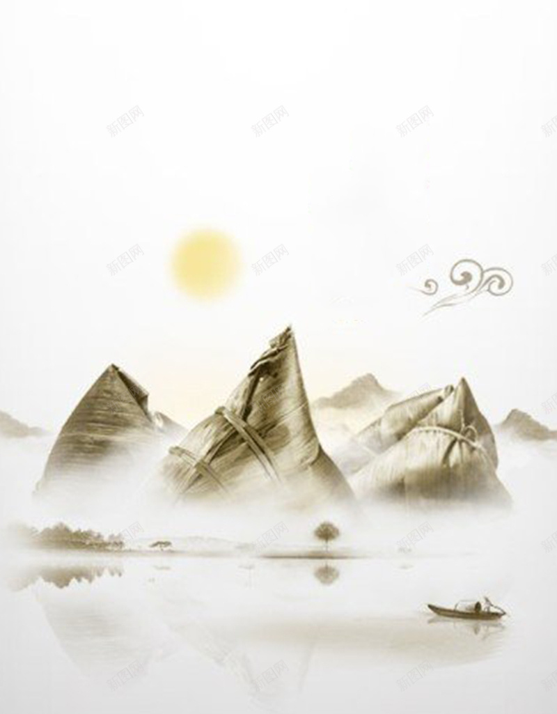 端午节粽子中国风H5背景素材jpg设计背景_新图网 https://ixintu.com 中国风 云 山 日出 中国风素材 端午节 粽子 祥云 端午节素材 H5背景素材