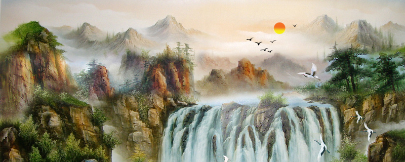 水墨画背景psd设计背景_新图网 https://ixintu.com 风景 大气 唯美 瀑布 鸟 海报banner 卡通 童趣 手绘