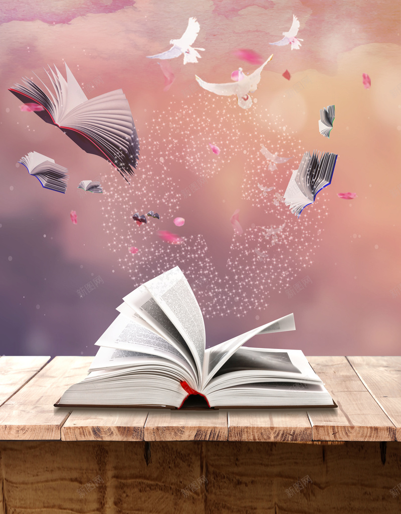 时尚翻开的书本与花瓣背景素材jpg设计背景_新图网 https://ixintu.com 时尚 时尚背景 书本 书页 书签 白云 云朵 光点 花瓣 木地板 爱心 纸张 纸