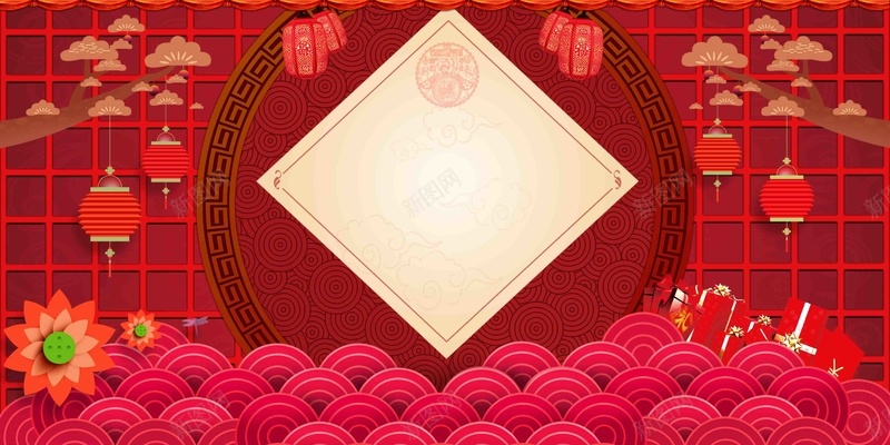 中国红2017年货节海报背景模板psd设计背景_新图网 https://ixintu.com 中国红 2017 年货节 海报 背景 祥云花边 灯笼 春节 除夕 元宵节