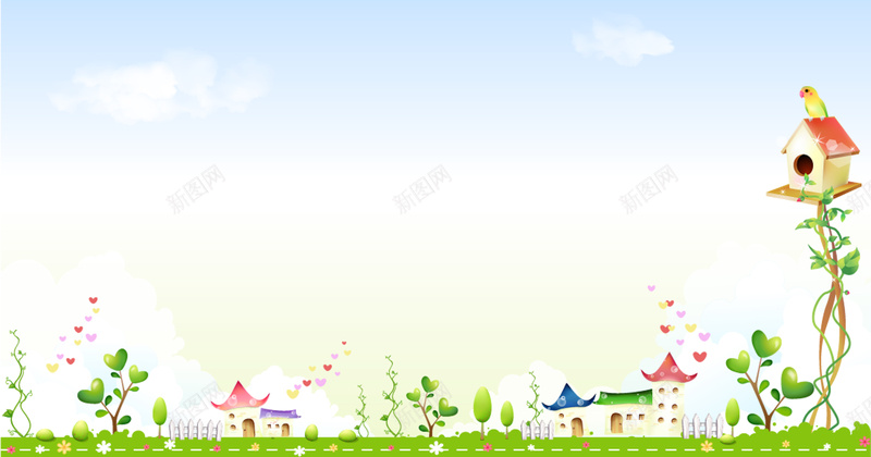 卡通蓝天绿草背景psd设计背景_新图网 https://ixintu.com 卡通 树木 白云 花草 蓝天 藤蔓 建筑 鸟窝 童趣 手绘