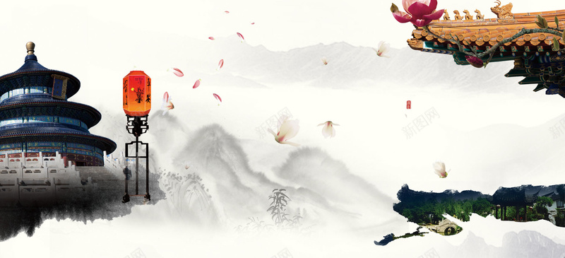 中国风水墨天坛海报jpg设计背景_新图网 https://ixintu.com 中国风 水墨 天坛 海报 花瓣 灯台 远山 古建筑 房檐 凉亭