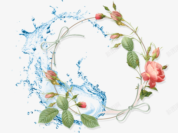 鲜花与水素材图片psd免抠素材_新图网 https://ixintu.com 水效果图 水珠 水滴 鲜花 绿叶 叶子 植物 化妆品素材 化妆品