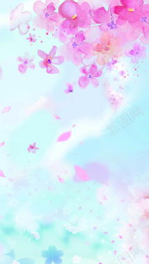 蓝天下粉红色樱花花瓣图案H5背景元素背景