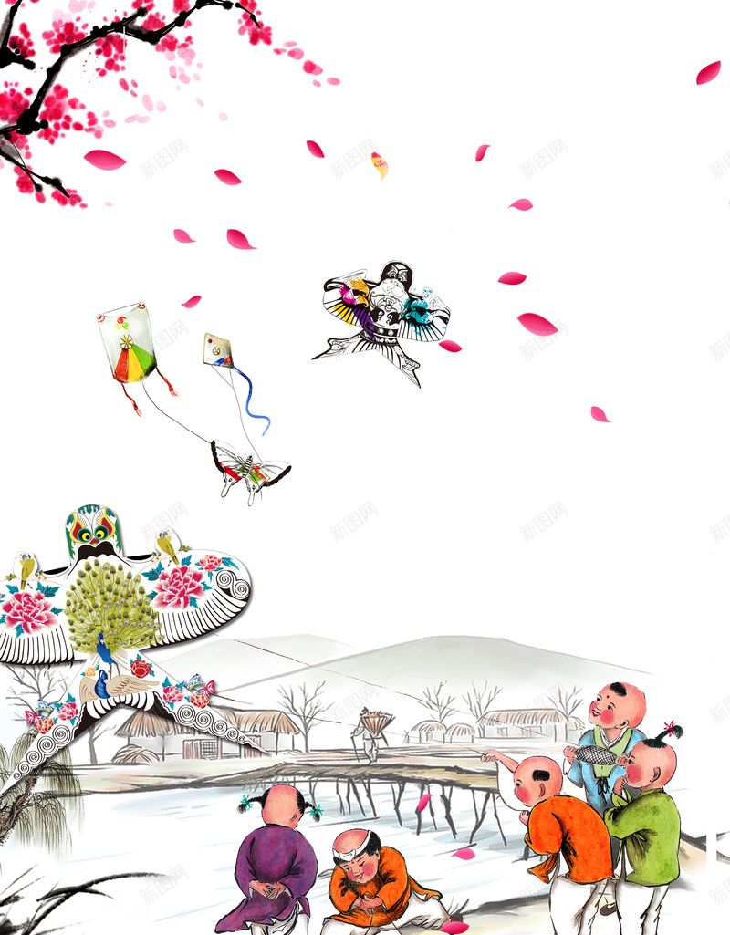 春天风筝节背景素材psd设计背景_新图网 https://ixintu.com 春天 小孩 游玩 放风筝 风筝节 桃花 花瓣 工笔画 手绘 传统习俗