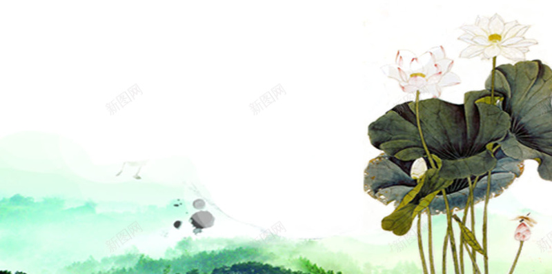 中国风荷花荷叶H5素材背景psd设计背景_新图网 https://ixintu.com 中国风 荷花 荷叶 水墨画 远山 H5素材 PSD背景 花瓣