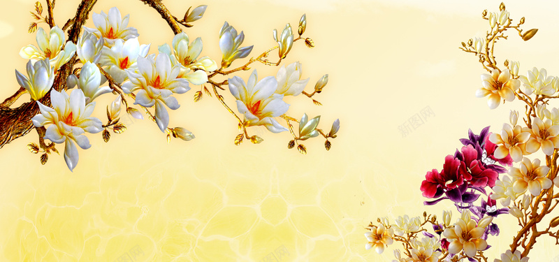 电视背景墙图片psd设计背景_新图网 https://ixintu.com 海报banner 唯美花朵 黄色背景 牡丹花 底纹 仿雕 文艺 小清新 简约