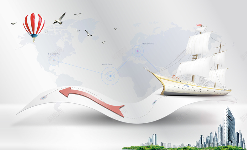城市背景素材psd设计背景_新图网 https://ixintu.com 热气球 信纸 创意 帆船 海鸥 一帆风顺 立体箭头 城市背景