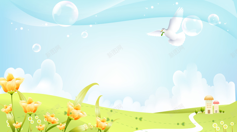 绿色清新手绘花草背景psd设计背景_新图网 https://ixintu.com 天空 泡泡 绿色 花草 草原 卡通 童趣 手绘