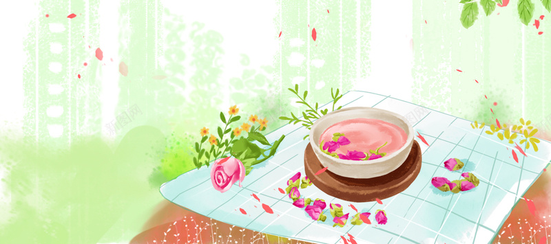 茶叶手绘小清新文艺bannerpsd设计背景_新图网 https://ixintu.com 新茶上市 春茶上市 春茶 茶叶 茶道 茶文化 手绘玫瑰花茶 手绘茶杯 花朵 花瓣 文艺 清新 电商