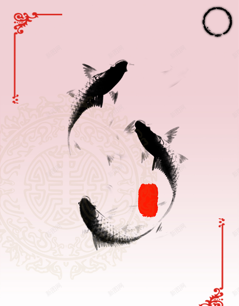 中国风水墨鲤鱼戏水背景素材jpg高清背景_新图网 https://ixintu.com 剪纸艺术 剪纸 水墨 艺术 鲤鱼 古风 红色 花纹 边框 背景 水墨风