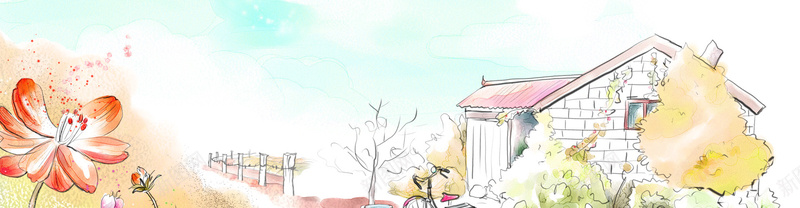 手绘田园风景bannerjpg设计背景_新图网 https://ixintu.com 手绘背景 田园风景 banner 插画 花卉 花瓣 建筑 壁纸 春天 绘画美术