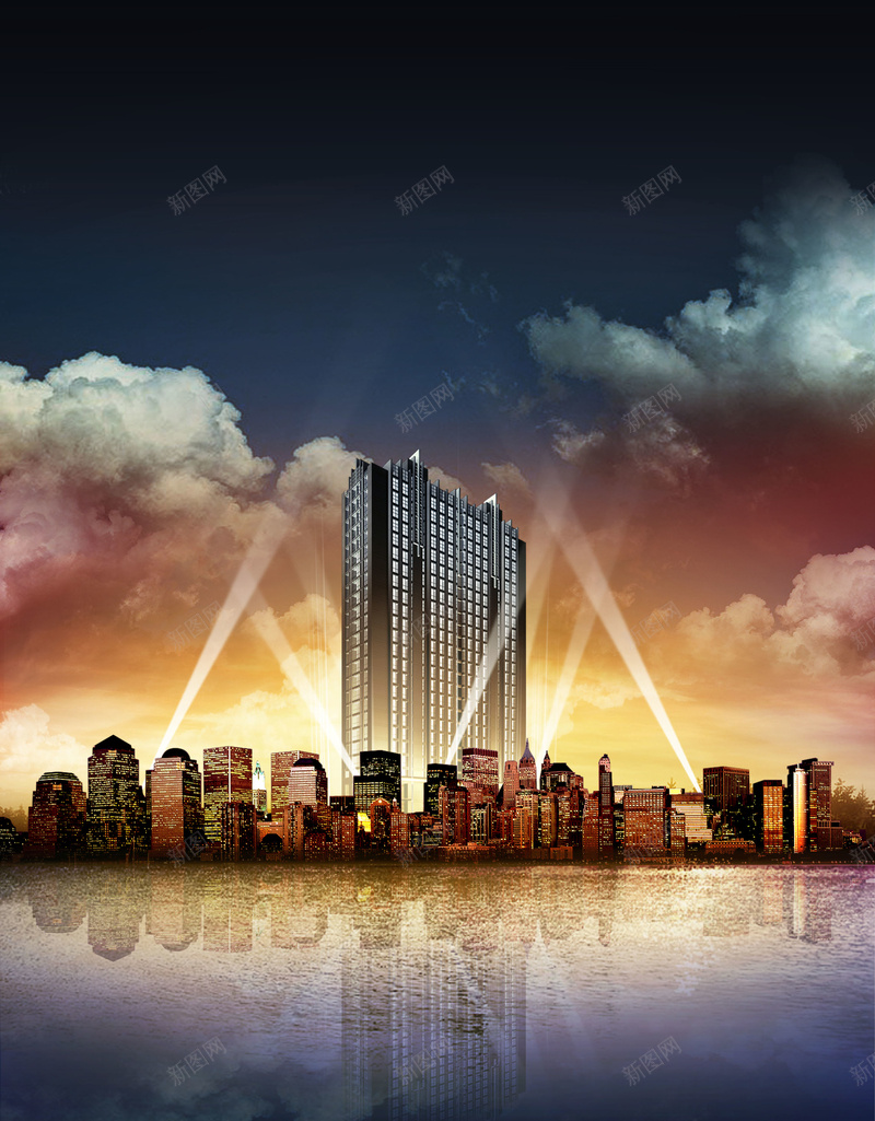 湖畔金色房地产背景图jpg设计背景_新图网 https://ixintu.com 建筑物 放射光 云朵 倒影 湖畔 天空 金色 湖面 唯美地产喜爱 浪漫 梦幻