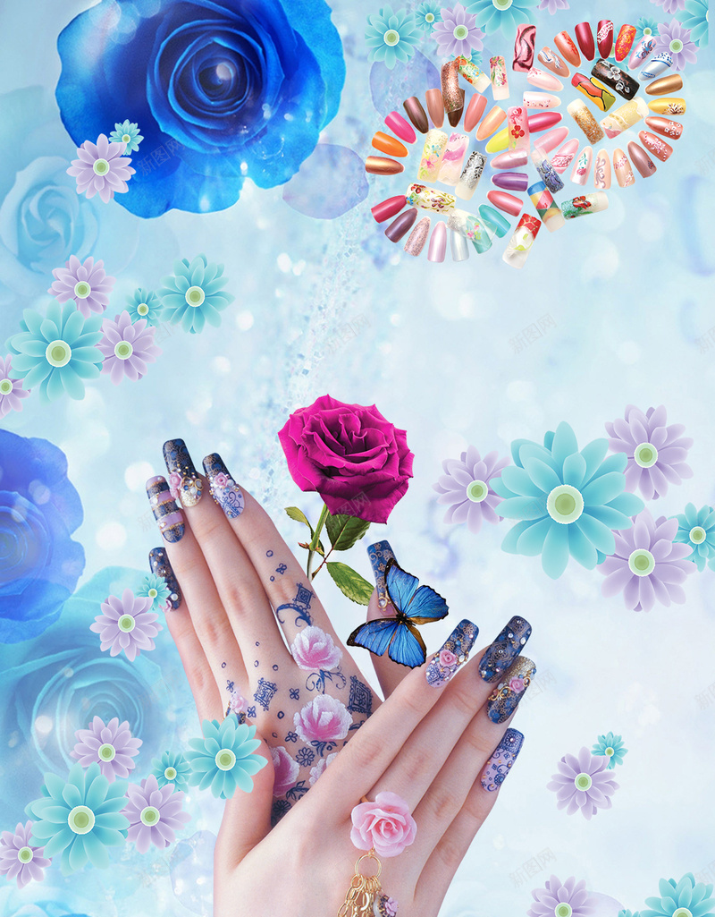 美甲淘宝H5背景psd设计背景_新图网 https://ixintu.com 手指 美甲 花朵 蓝色 手 红色 花瓣 文艺 小清新 简约