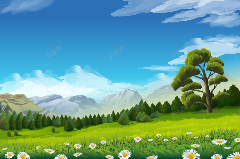 春天蓝天白云草原山脉eps设计背景_新图网 https://ixintu.com 春天 蓝天 白云 草原 山脉 卡通 童趣 手绘