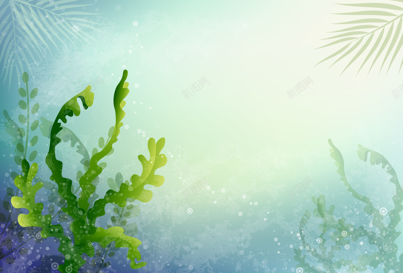 绿色手绘水草背景psd设计背景_新图网 https://ixintu.com 棕榈叶 圆圈 手绘 水彩 绿色 卡通 童趣
