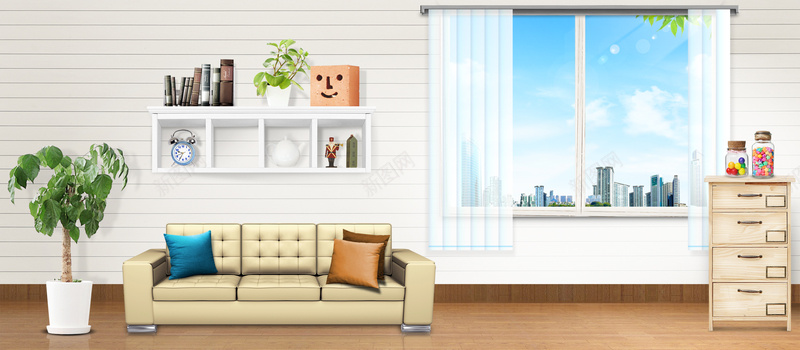 室内场景清新简约白色海报背景jpg设计背景_新图网 https://ixintu.com 家居 家具 室内 书籍 简约 设计 沙发 窗户 窗帘 地板 闹钟 盆栽 装饰 木质 质感 抽屉