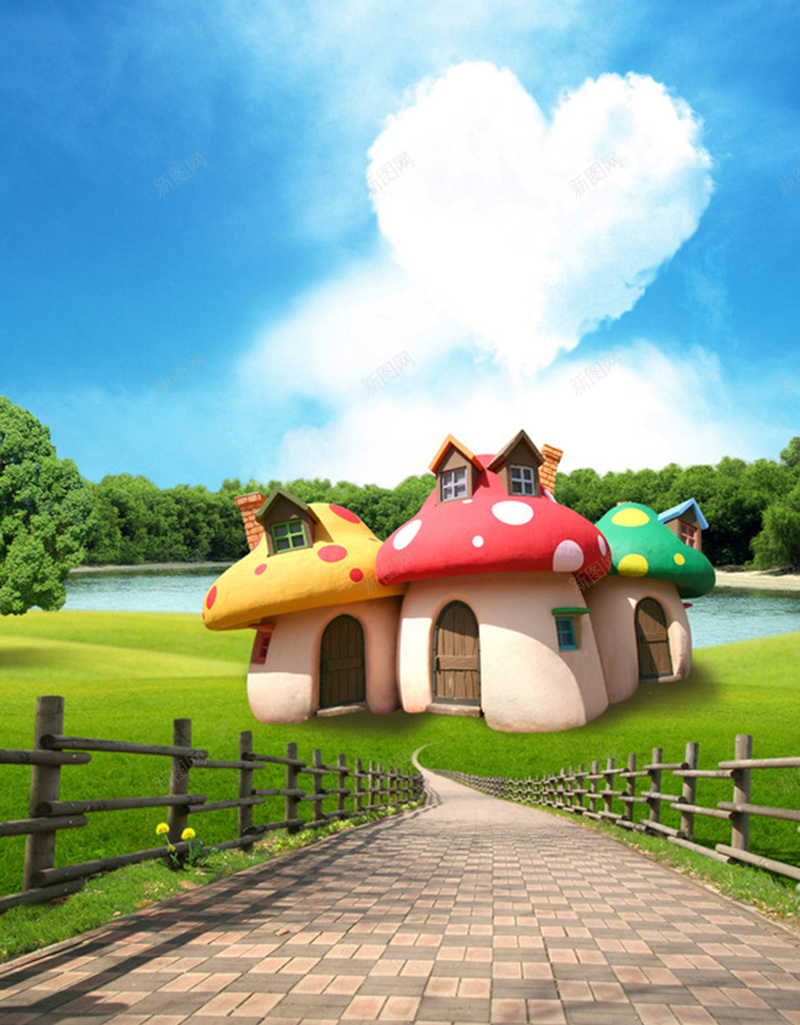 童话风蘑菇小屋H5背景元素jpg设计背景_新图网 https://ixintu.com 爱心 白云 背景 草地 蓝天 背景元素 童话背景 蘑菇 蘑菇背景 蘑菇小屋 小屋