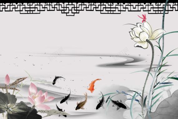 中国风水墨荷花壁画海报背景素材背景