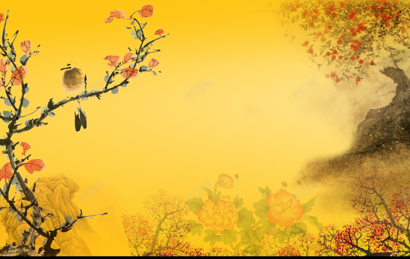 中国风山水画背景素材jpg设计背景_新图网 https://ixintu.com 中国风 古诗 复古 宣传单 山水 山水画 工笔画 意境 树 梅花 毛笔画 牛皮纸 简笔山水画 背景 花卉 黄色