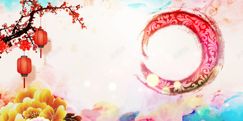 中国年鸡年海报背景模板psd设计背景_新图网 https://ixintu.com 中国年 鸡年 海报 梅花 红灯笼 多彩 牡丹 传统节日 新春 春节 新年