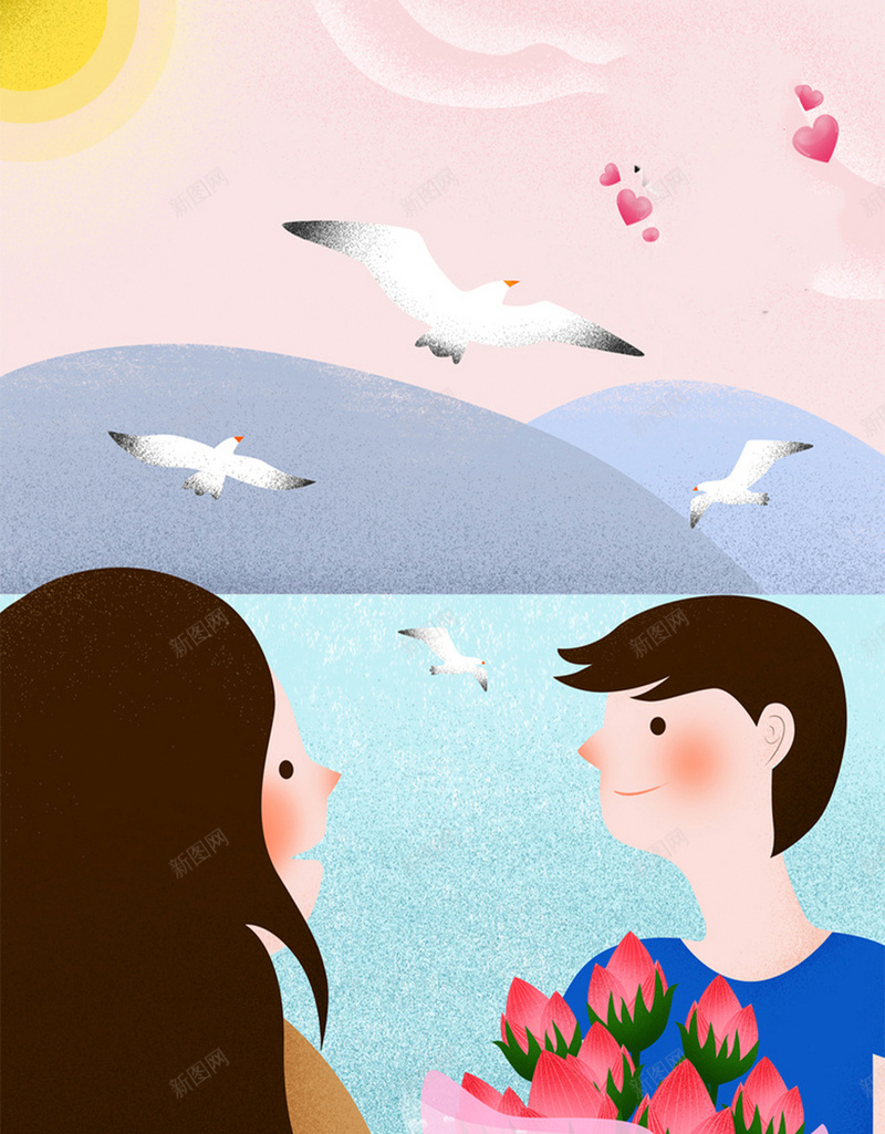 情人节七夕海报背景psd设计背景_新图网 https://ixintu.com 情人节 七夕 男孩 背景 鲜花 小鸟 粉色 衬托 女孩 玫瑰