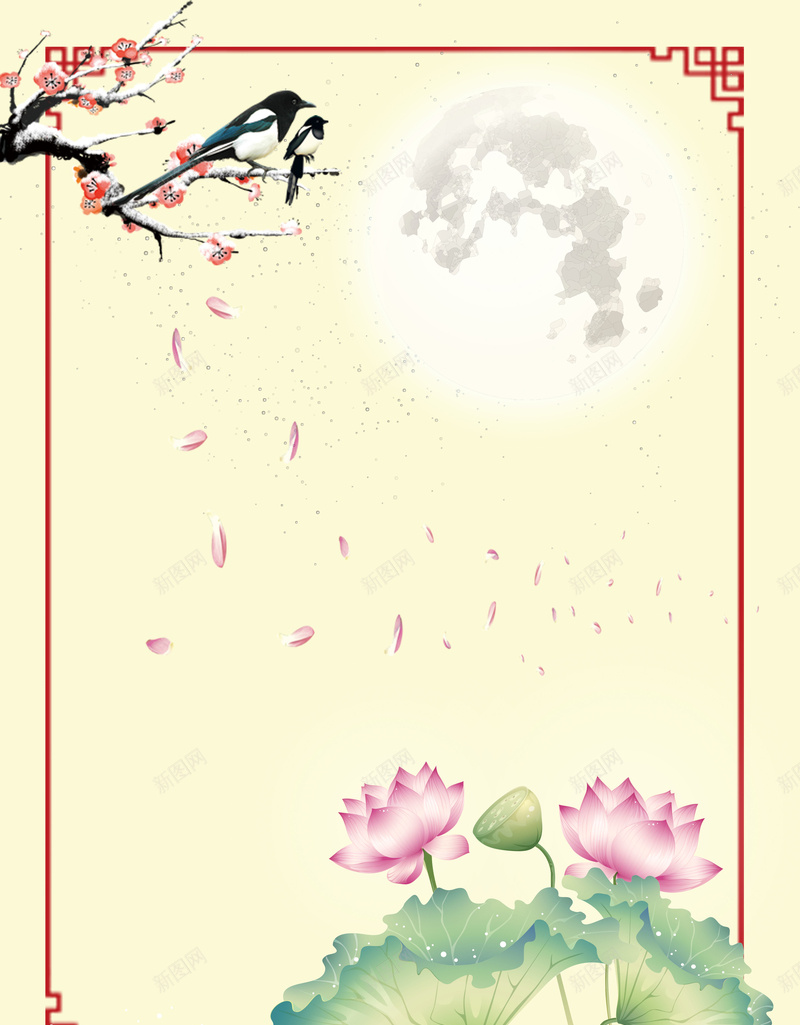 中国风梅花枝头喜鹊报喜背景素材jpg设计背景_新图网 https://ixintu.com 中国风 中国风背景 月亮 中式边框 梅花 花卉 莲花 荷花 莲叶 水墨花卉 水墨背景